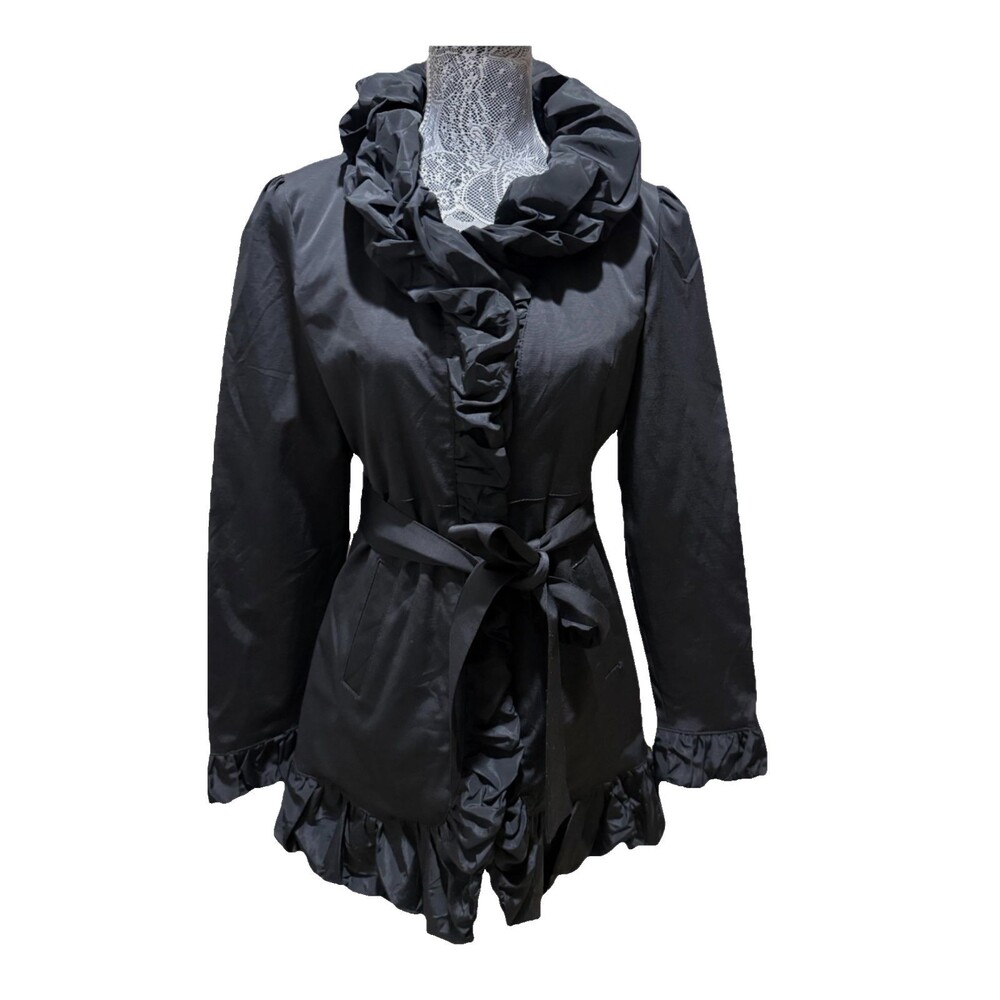 Maurices Black Ruffle Taffeta Coat Snap Front Romantic Gothic Fit Flare Jacket S
